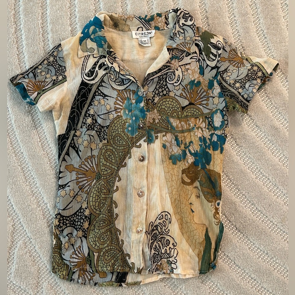 Citron Santa Monica Boutique Art Nouveau Inspired Floral Silk-Blend Blouse - M